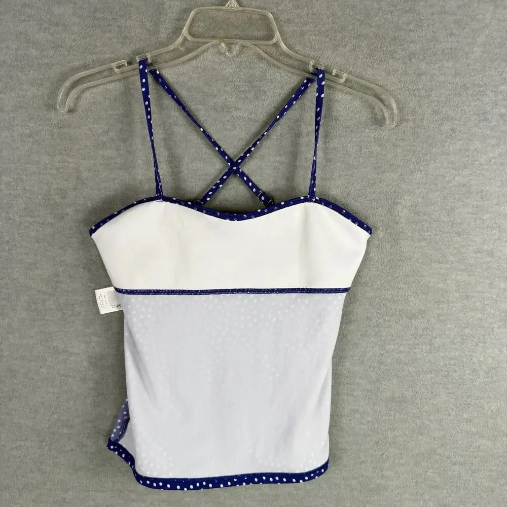 Lands End Kids Girls 12+ Tankini Swim Top Blue White Polka Dots Crossed Straps